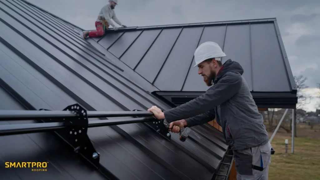 Two workers in hard hats install a metal roof on a modern house. One secures panels with a tool, while the other kneels nearby. Sky is overcast.