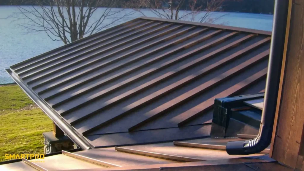 A modern metal roof with sleek, parallel lines is showcased against a serene lake view. The scene conveys durability and tranquility.