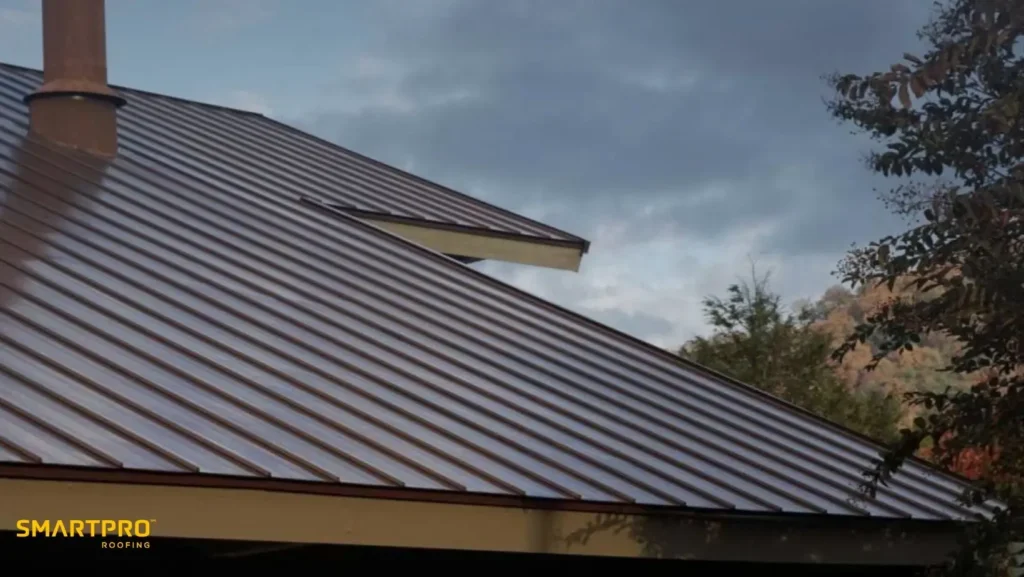 A metal roof glistens with moisture under a cloudy sky. Trees and foliage are visible on the right, creating a calm and serene atmosphere.