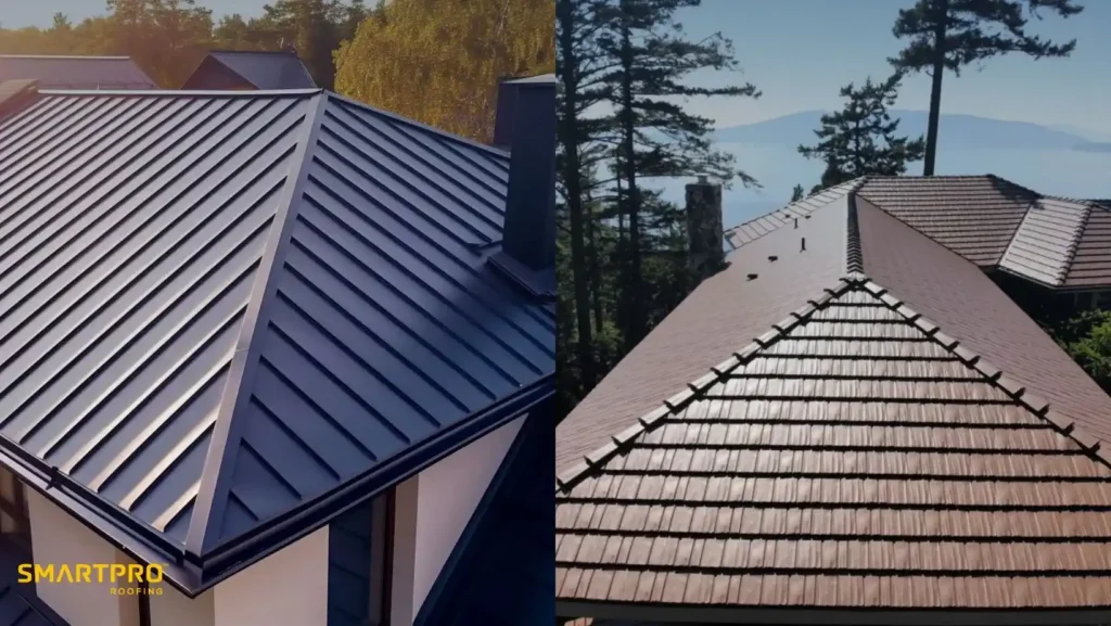 Split image of two roofs: left shows a sleek metal roof on a modern home, right displays a traditional shingle roof with a scenic background. Logo reads "SMARTPRO Roofing."