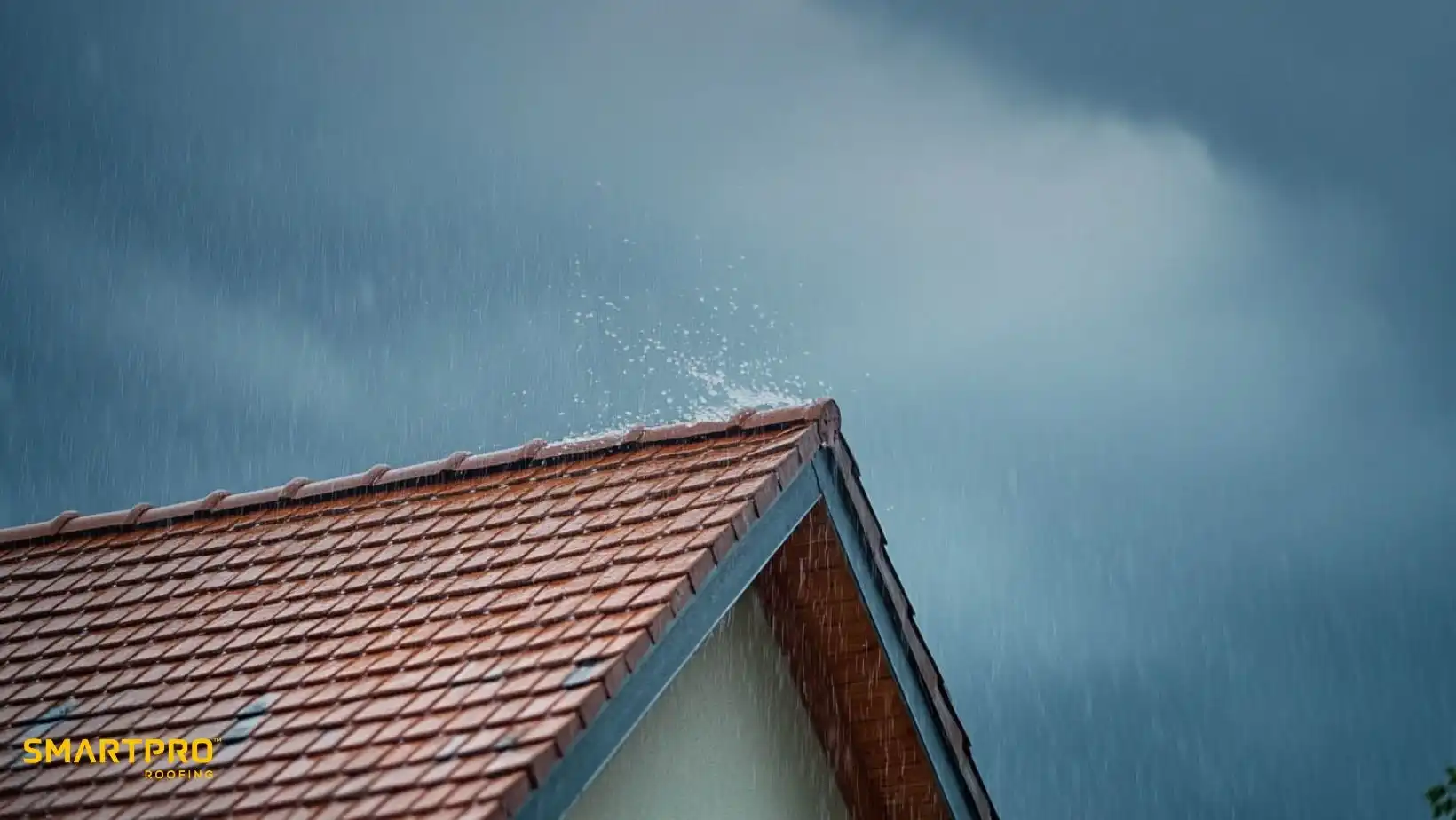 A rooftop with reddish-brown shingles is shown during a rainstorm, with raindrops splashing off. The sky is dark and cloudy, conveying a moody atmosphere.