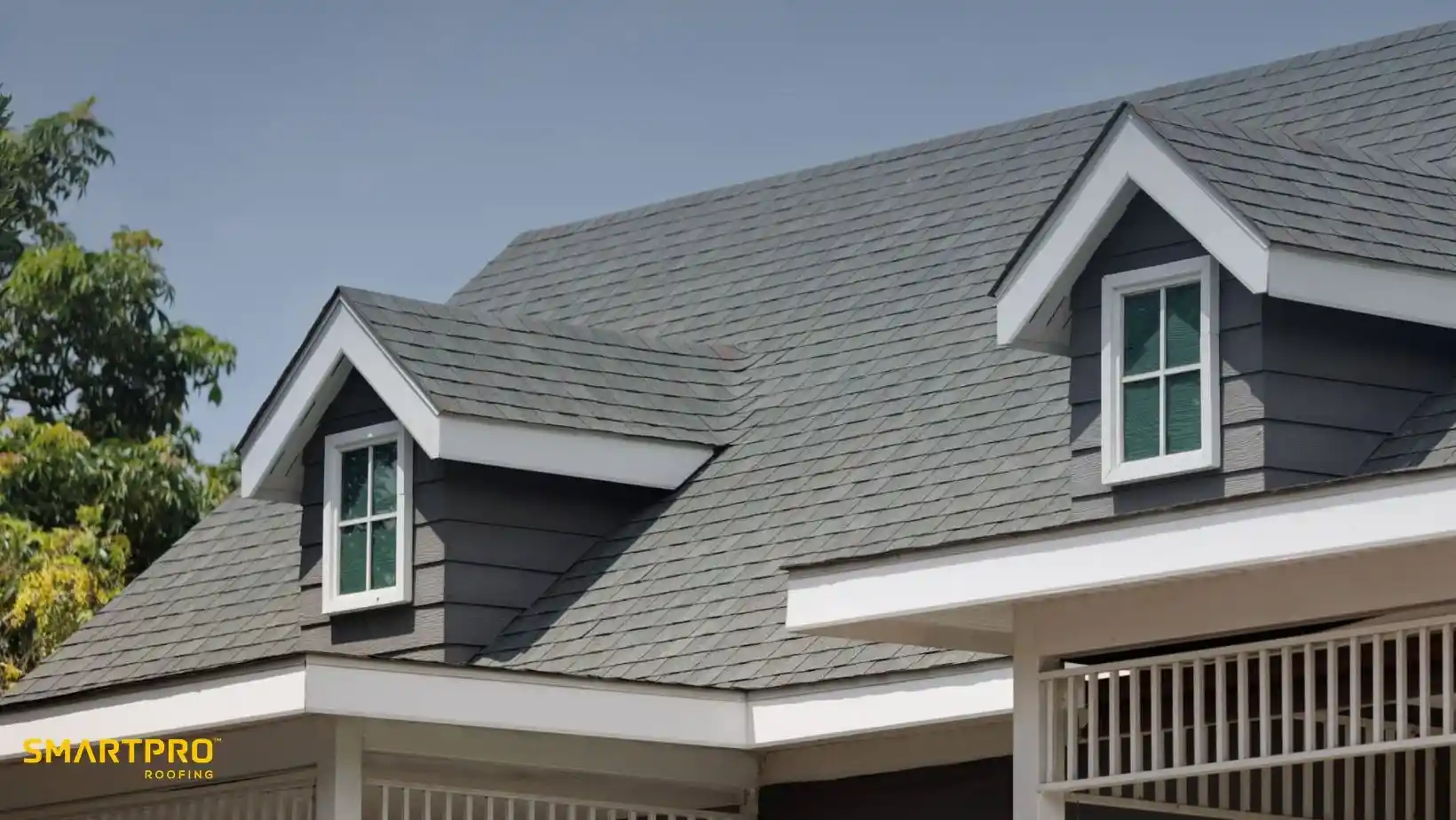 A modern house roof with gray shingles and white-trimmed dormer windows under a clear sky. A tree is visible to the left, suggesting a suburban setting.
