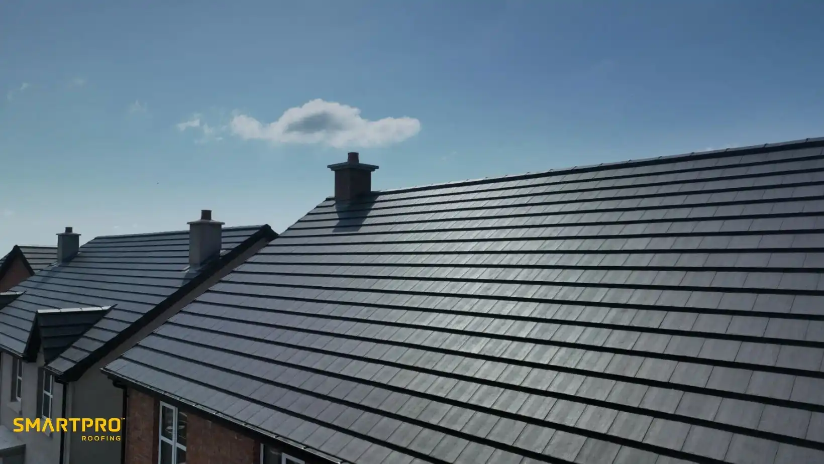 Rooftops with sleek, dark tiles under a clear blue sky. Chimneys rise above each roof, creating a neat, modern, and orderly appearance.