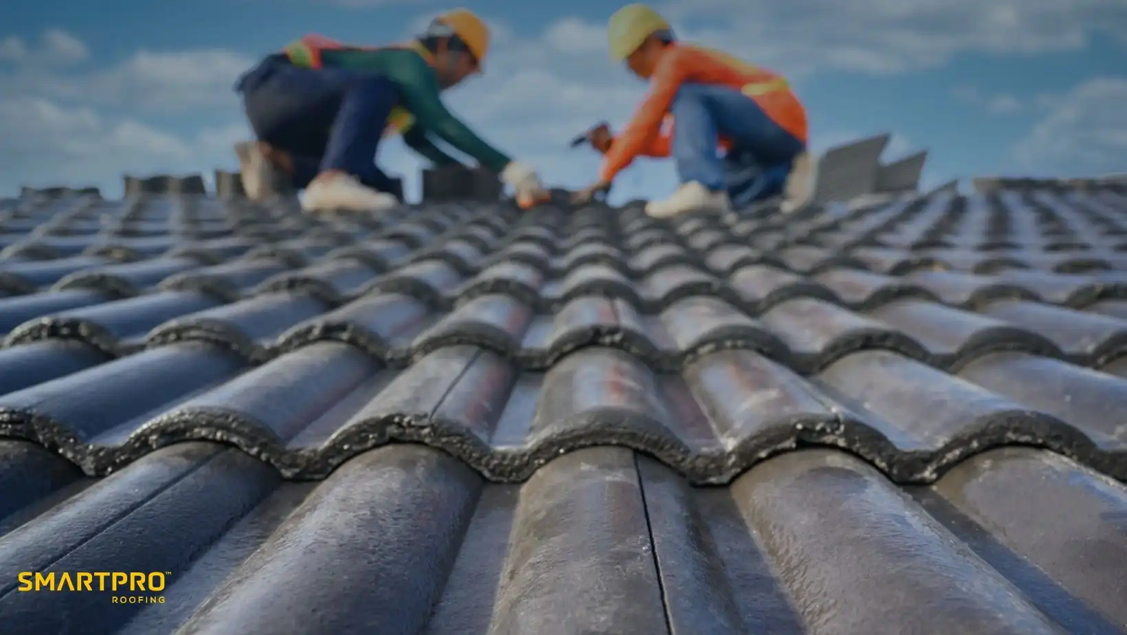 Two workers in safety gear install roof tiles under a clear blue sky, conveying focus and teamwork. The "SmartPro Roofing" logo is visible.