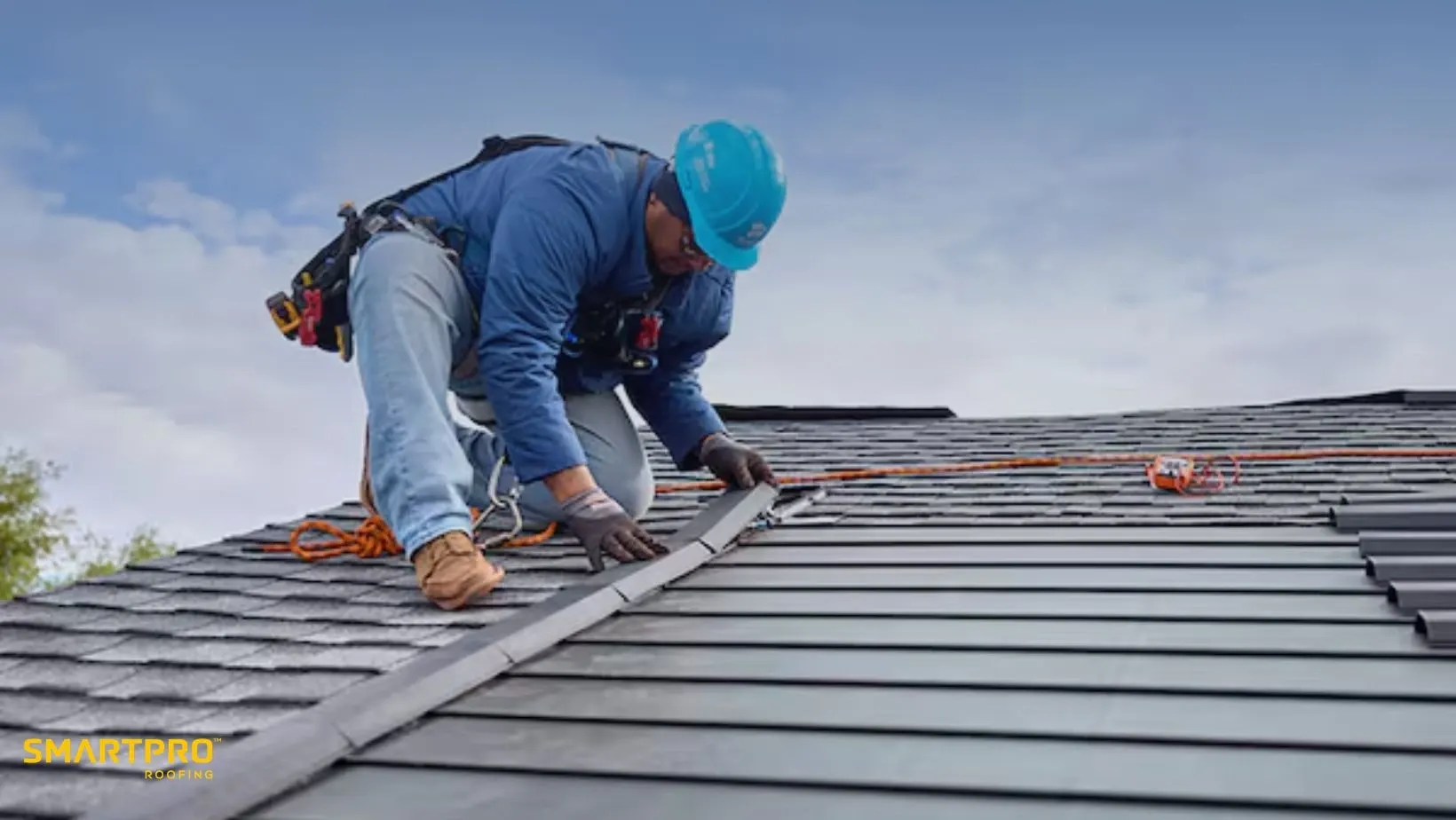 A worker in a blue shirt and hard hat is kneeling on a roof, installing shingles. He is surrounded by safety gear and a bright orange rope.