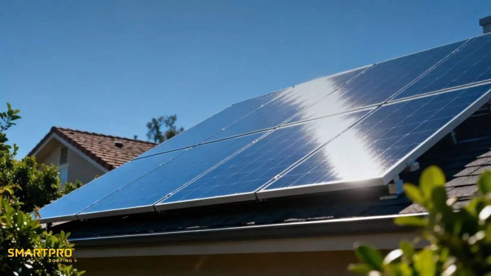 Solar panels on a residential roof reflecting sunlight, surrounded by trees and a blue sky in the background, conveying sustainability.