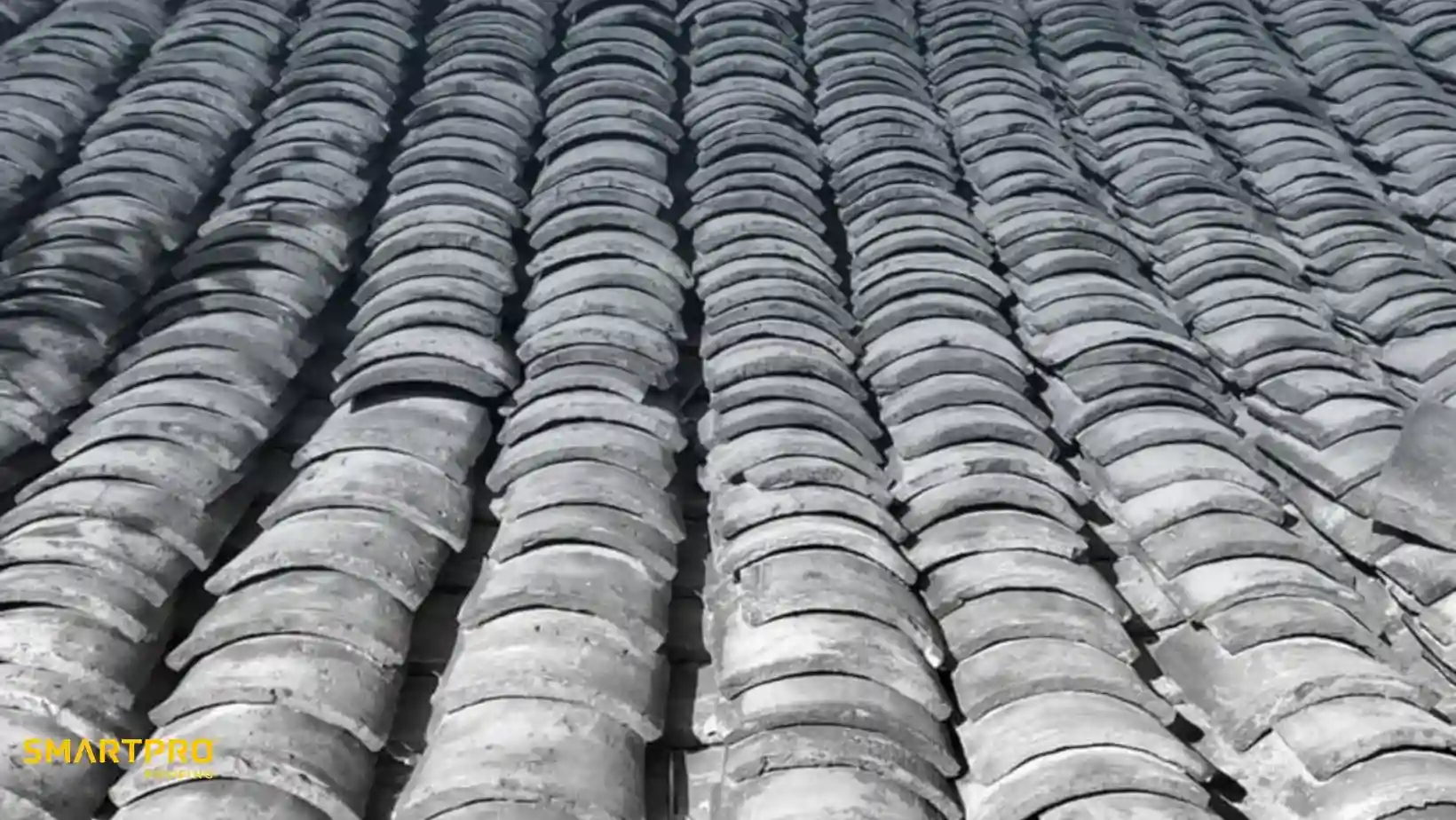 Close-up view of traditional gray tiled roof with curved shingles, creating an intricate pattern. The image conveys a sense of uniformity and texture.