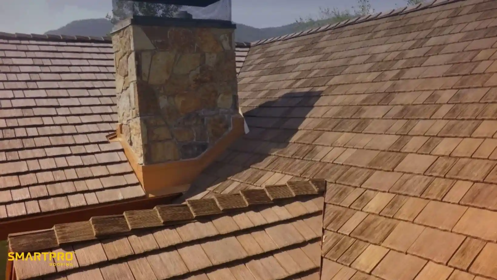 Fiber Cement Shingles: A Durable Alternative to Wood 11 A stone chimney on a brown shingle roof, casting a shadow under sunny skies. The roof has wooden tiles, conveying a rustic, warm atmosphere.