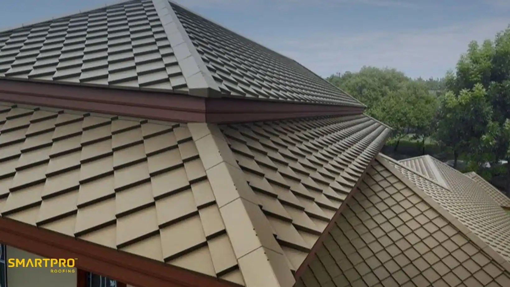 Fiber Cement Shingles: A Durable Alternative to Wood 12 A close-up of a modern roof with diamond-patterned tiles in a metallic sheen. The structure angles sharply under a blue sky with green trees in the background.