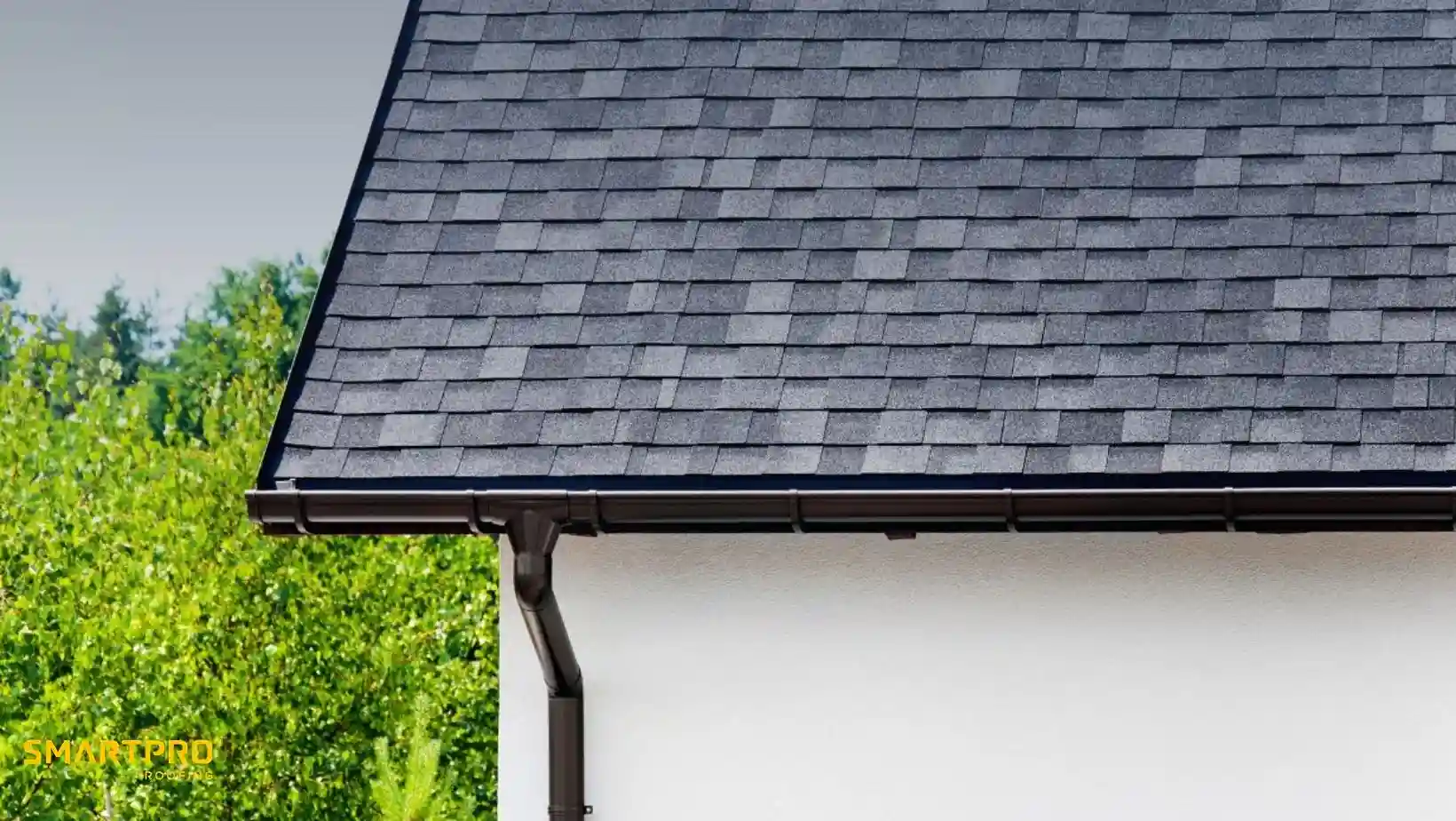 How Fiber Cement Compares to Composite and Wood Shingles 11 A crisp image of a house roof with gray asphalt shingles and a black gutter system. Lush green trees are visible in the background, indicating a serene setting.