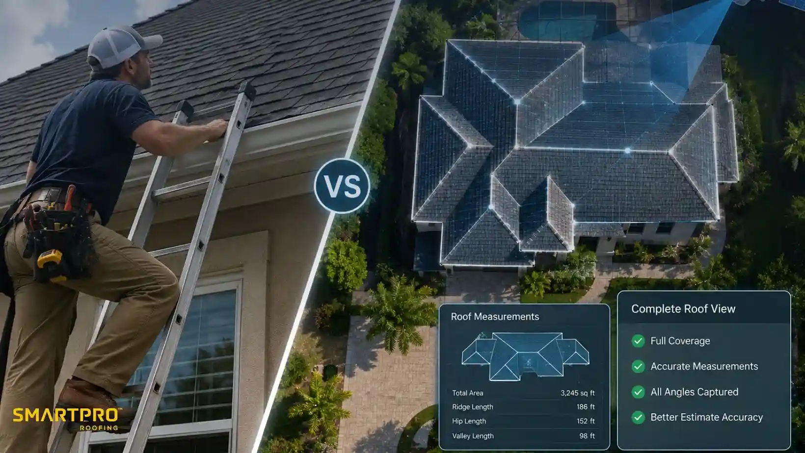 SmartQuote Explained: What Satellite Technology Sees That a Ladder Can't 10 Comparison of traditional ladder roof inspection versus AI satellite roof measurement technology for accurate roofing estimates.