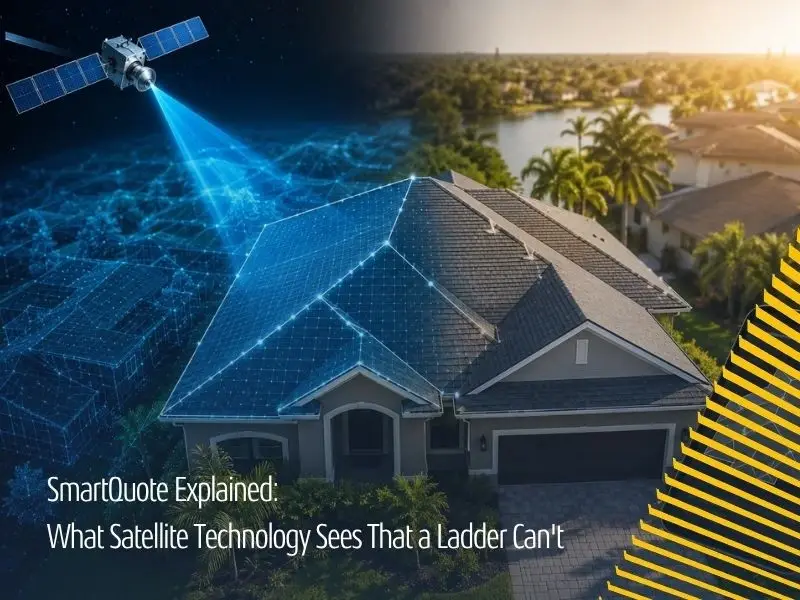 Satellite scanning a residential roof using SmartQuote AI technology to generate accurate remote roof measurements and estimates.